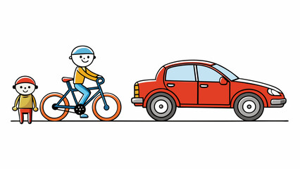 Poster - A bicycle and a car The bicycle is smaller and powered by human legs while the car is larger and powered by an engine.. Cartoon Vector