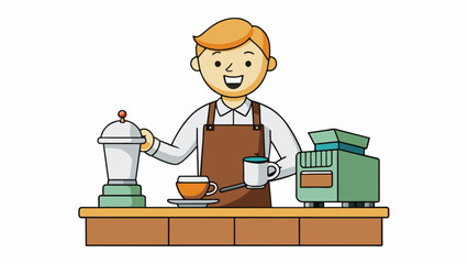 Aufkleber - A barista behind a counter expertly preparing and pouring a cup of coffee. They measure out precise amounts of ingredients carefully steam the milk. Cartoon Vector