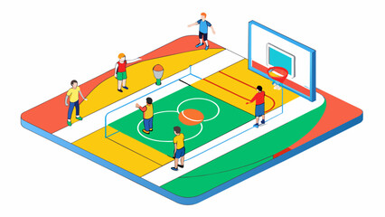 Wall Mural - A basketball court lined with brightly colored lines and hoops where students gather to play games and blow off steam.. Cartoon Vector