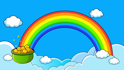 Poster - A beautiful rainbow stretching across a clear blue sky ending at a pot of shimmering gold coins at its base. The coins are perfectly round and glimmer. Cartoon Vector