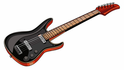 Poster - A black electric guitar with a solid body and a sleek angled neck. The strings are connected to an amplifier allowing for a louder and distorted sound. Cartoon Vector