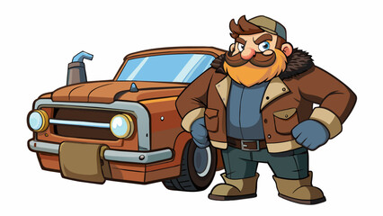 Poster - A burly man with a bushy mustache wearing a leather jacket tinkering under the hood of a rusted pickup truck in his garage.. Cartoon Vector