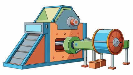 Fototapete - A bulky industrial machine with large round blades and a wide opening for grinding and shredding plastic materials. It has a chute for loading the. Cartoon Vector
