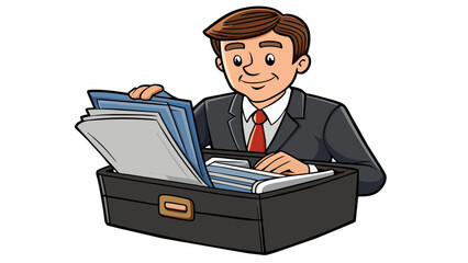 Poster - A businessman sits at his desk opening a sleek black briefcase filled with important documents. He carefully takes out each paper and places it neatly. Cartoon Vector