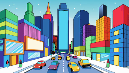Poster - A bustling city street surrounded by towering skyscrs and buzzing with cars and pedestrians. The buildings are made of sleek steel and glass and. Cartoon Vector