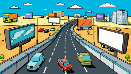 Poster - A bustling multilane highway that s through the heart of the city. Bright billboards and neon signs line the roadside competing for attention with the. Cartoon Vector