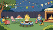 © DigitalSpace - A childrens party filled with fun and games where a table lined with mini hot dogs and pizza slices awaited hungry little ones. Brightly colored party. Cartoon Vector