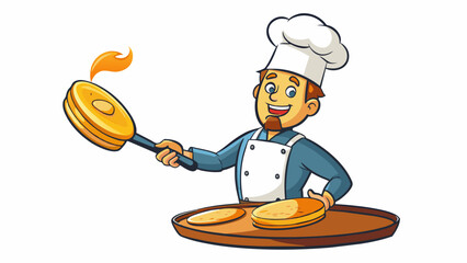 Poster - A chef swiftly flipping pancakes in a sizzling pan the smell of butter and syrup filling the air and the golden edges of the pancakes starting to. Cartoon Vector
