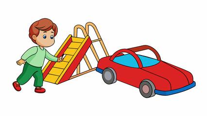 Poster - A child on the playground pushing their toy car along the ground. The car is made of plastic with four wheels and a shiny red exterior that catches. Cartoon Vector
