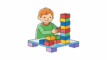 Poster - A child sitting at a table building a tower out of wooden blocks. The blocks are smooth and sy each with a different primary color painted on.. Cartoon Vector