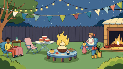 Poster - A childrens party filled with fun and games where a table lined with mini hot dogs and pizza slices awaited hungry little ones. Brightly colored party. Cartoon Vector