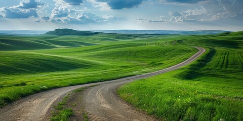 Wall Mural - Scenic view of a rural dirt road through a lush green field