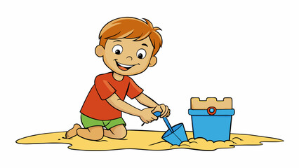 Poster - A child scoops up wet sand from the beach and presses it into a plastic pail forming a tall cylindrical tower before carefully flipping the pail over. Cartoon Vector