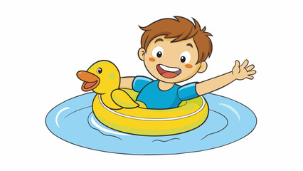 Aufkleber - A child splashing in the pool holding onto a bright yellow floatie. The floatie is shaped like a duck with a friendly smile and the child giggles as. Cartoon Vector