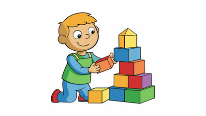 Aufkleber - A child stacking blocks to create a tower with each block being a different size and shape. The child must carefully calculate and arrange the blocks. Cartoon Vector