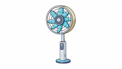 Poster - A circular fan with a sleek silver design situated on top of a tall pole. The fan rotates slowly blowing a gentle breeze throughout a large space. It. Cartoon Vector