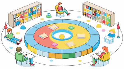 Aufkleber - A circular carpet with bright primary colors sits in the center of the room surrounded by comfy bean bag chairs and shelves filled with books and. Cartoon Vector