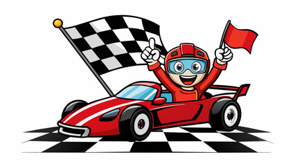 Fototapete - A classic red and white checkered flag waves proudly in the air as the winner of the championship race crosses the finish line in his sleek and speedy. Cartoon Vector