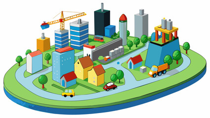 Poster - A city undergoing urban development as new buildings and structures are built old ones demolished and roads expanded. The cityscape changes as it. Cartoon Vector