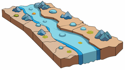 Poster - A clear bubbling stream ting through a rocky valley. The water is cold and refreshing and small fish dart between the pebbles on the bottom. Sunlight. Cartoon Vector