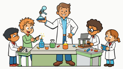 Poster - A classroom filled with students engaged in handson activities exploring scientific concepts through experiments and building models. The teacher. Cartoon Vector