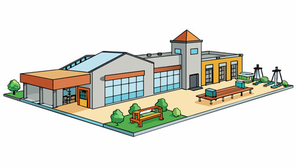 Aufkleber - A community center where people gather for various activities and events. The center has a large multipurpose room a gymnasium for sports and fitness. Cartoon Vector