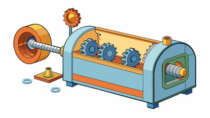 Poster - A compact and fastmoving machine that can produce multiple small plastic components at once. The machine has a horizontal barrel with a screw inside. Cartoon Vector