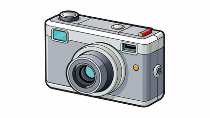 Poster - A compact camera with a sleek silver body and a small lens protruding from the front. The camera has a small screen on the back and a button on the. Cartoon Vector