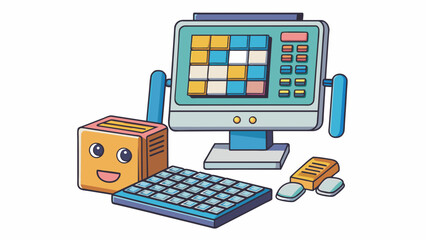 Fototapete - A compact desktop assistant resembling a mini computer with a keyboard and a screen. It can manage files create presentations and make calculations.. Cartoon Vector