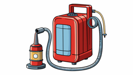 Fototapete - A compact and portable pump resembling a large fire extinguisher. It has a durable metal exterior with a small nozzle at the top and a hose attached. Cartoon Vector