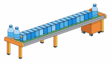 Poster - A compact modular conveyor system carries plastic bottles from the production area to the packaging room using a combination of belts rollers and. Cartoon Vector