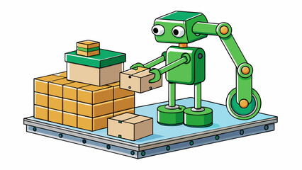 Fototapete - A compact green cylindrical robot with arms and sensors protruding from all sides inspecting and packaging food products in a food processing plant.. Cartoon Vector