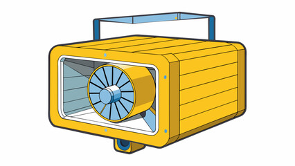 Poster - A compact squareshaped motor with a bright yellow casing is mounted to the ceiling in a warehouse. It is equipped with a fanlike component that. Cartoon Vector