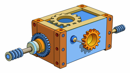 Poster - A compact rectangular unit with various gears and a spiraling screw mechanism. When pressurized fluid enters the unit it causes the gears and screw to. Cartoon Vector