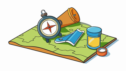Poster - A compass resting on a worn map surrounded by hiking gear and a water bottle. This illustrates the goal of exploration and adventure as the individual. Cartoon Vector