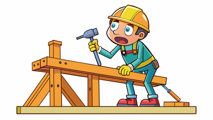 Poster - A construction worker on a hot summer day standing on a scaffold and hammering nails into a wooden frame. Their muscles tense and sweat drips from. Cartoon Vector