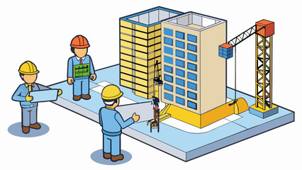 Poster - A construction site with workers carefully following a blueprint and using specialized equipment to build a skyscr. The strategy in this scenario. Cartoon Vector