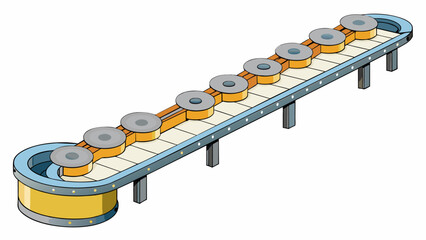 Sticker - A conveyor belt system made of a series of strong interlocked links or rollers attached to a motor. It moves in a continuous loop and can transport. Cartoon Vector