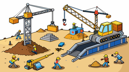 Poster - A construction site with cranes bulldozers and other heavy equipment at work. Piles of dirt and gravel surround the site and the sharp sound of drills. Cartoon Vector