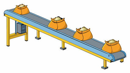 Poster - A conveyor belt moving bags of rice from one end of the production line to the other. The conveyor belt is made of durable rubber and steel with small. Cartoon Vector