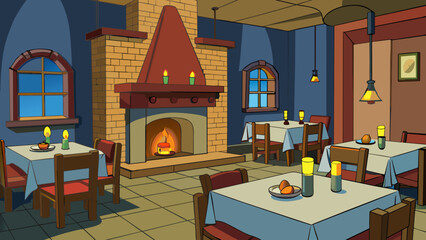 Aufkleber - A cozy inviting restaurant with dim lighting and a fireplace in the corner perfect for a romantic date night.. Cartoon Vector