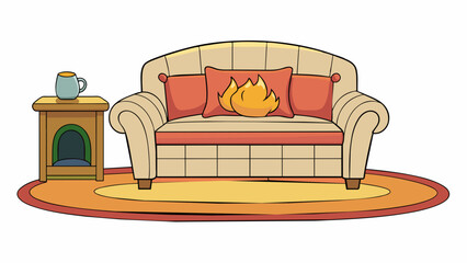 Poster - A cozy living room with a plush creamcolored couch a soft patterned rug and a fireplace crackling with warm flames.. Cartoon Vector