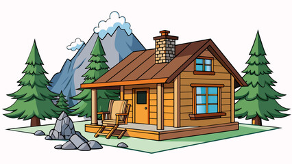 Poster - A cozy cabin in the mountains surrounded by towering pine trees. The exterior is made of dark wood while a stone chimney rises up from the roof. The. Cartoon Vector