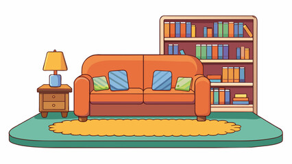 Poster - A cozy living room with soft plush carpeting a comfortable sofa and a bookshelf filled with wellloved books. The area is warm and inviting perfect for. Cartoon Vector