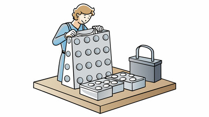 Poster - A crafter lines up a row of small circular stamps on a wooden block and dips it into a pool of metallic silver ink. She carefully imprints the stamps. Cartoon Vector