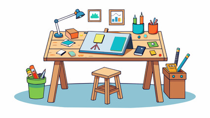 Poster - A creative workstation consists of a long wide cedar table with colorful art supplies tered around. The table is also cluttered with unfinished. Cartoon Vector