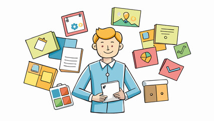 Aufkleber - A creative employee surrounded by colorful postit notes and sketches showcasing their imaginative thinking and problemsolving skills.. Cartoon Vector