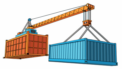Poster - A crane lifting a shipping container off a cargo ship and onto the dock. The crane has a tall steel frame and a powerful hydraulic system while the. Cartoon Vector