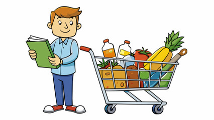 Poster - A customer at a grocery store is pushing a cart filled with various items including fresh produce frozen meals and household essentials. They are. Cartoon Vector