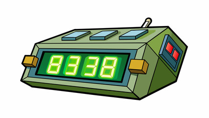 Poster - A digital clock with a flashing green light indicating it is set to military time. The numbers on the clock are in a 24hour format and the green light. Cartoon Vector